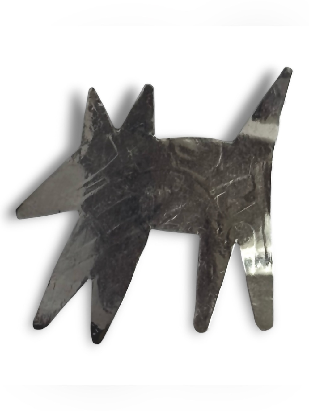 VTG Brutalist Primitive Dog Wolf Brooch Pin Silver Tone Abstract Folk Art Retro